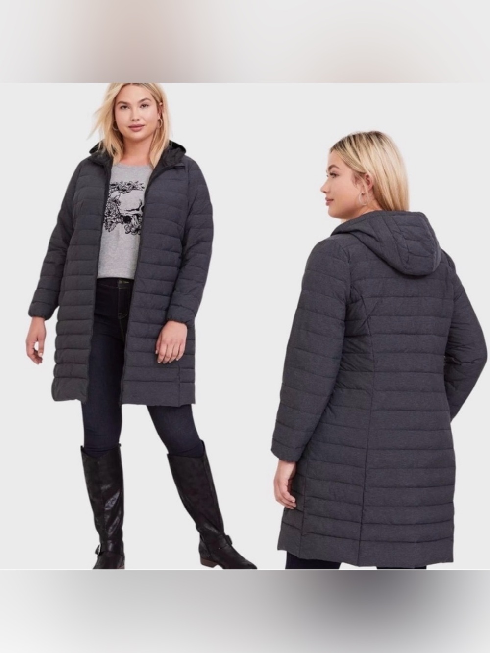 Torrid Women’s Size 3 Gray Long Quilted Puffer Coat Hooded Packable Jacket